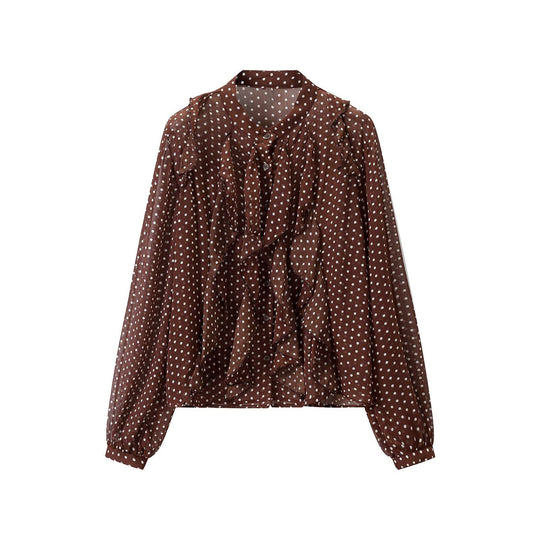 Damen Semitransparente Chiffonbluse mit Polka-Dots, Volants und Schleifenkragen Nord Taschen