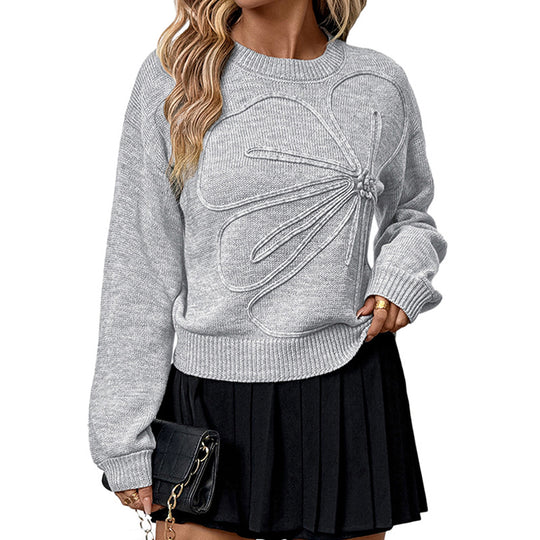 Damen Pullover mit 3D‑Blütenapplikation und Rundhalsausschnitt Nord Taschen