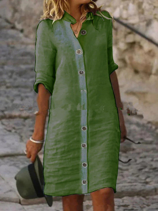 Damen Leinenhemdkleid mit Knopfleiste und umschlagbaren Ärmeln