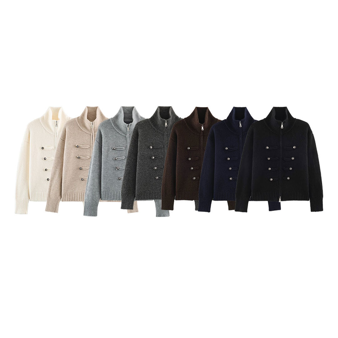 Damen Strickjacke mit Reißverschluss, hohem Stehkragen und dekorativen Zierknopfleisten Nord Taschen