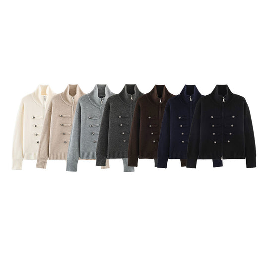 Damen Strickjacke mit Reißverschluss, hohem Stehkragen und dekorativen Zierknopfleisten Nord Taschen