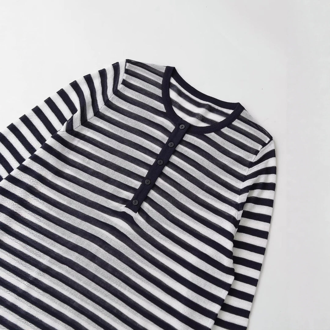 Damen Langarm-Shirt mit Knopfleiste und maritimen Streifen Nord Taschen