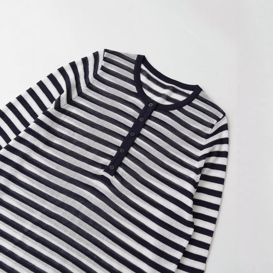 Damen Langarm-Shirt mit Knopfleiste und maritimen Streifen Nord Taschen