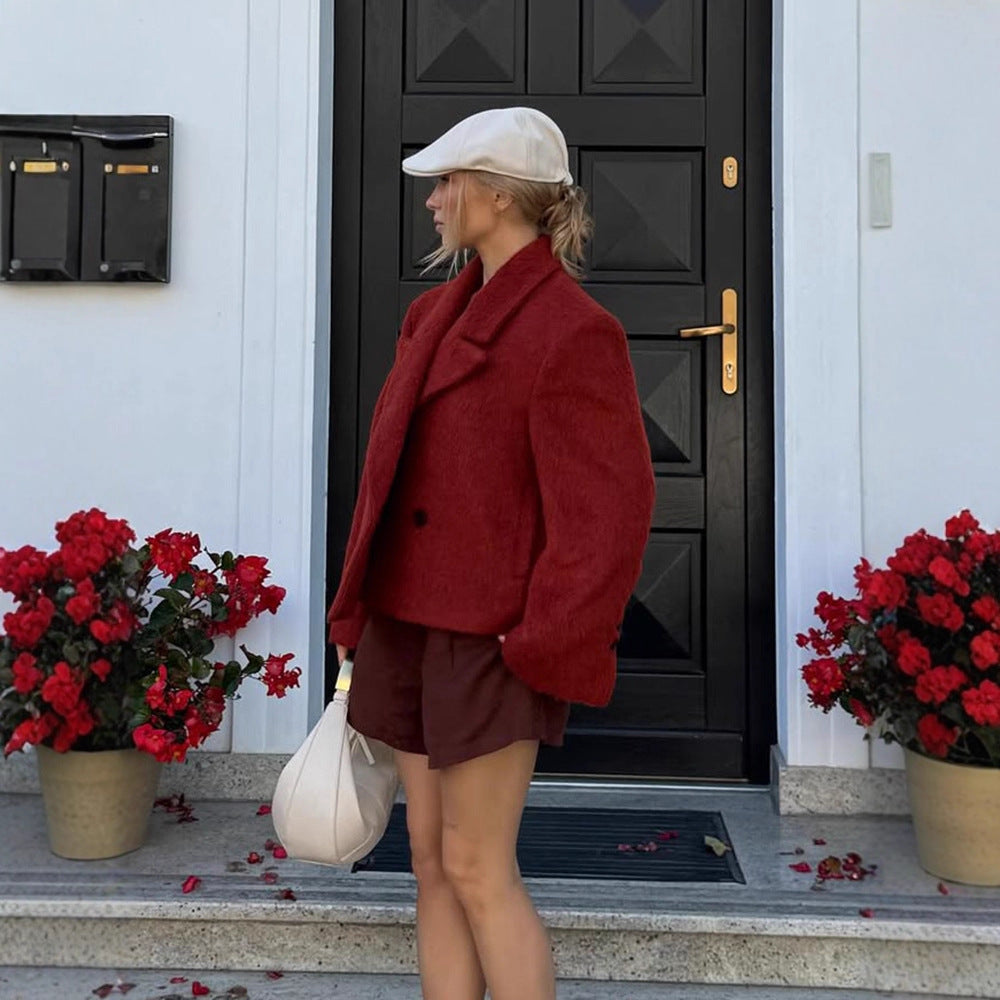 Damen Kurzboxy Kunstpelz‑Jacke mit breitem Revers und strukturierter Felloptik Nord Taschen