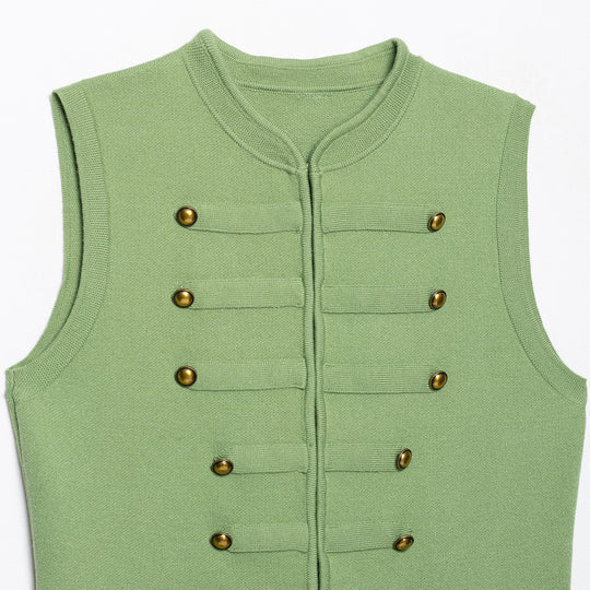 Damen Ärmellose Strickweste im Militärstil mit dekorativen Metallknöpfen und aufgesetzten Taschen Nord Taschen