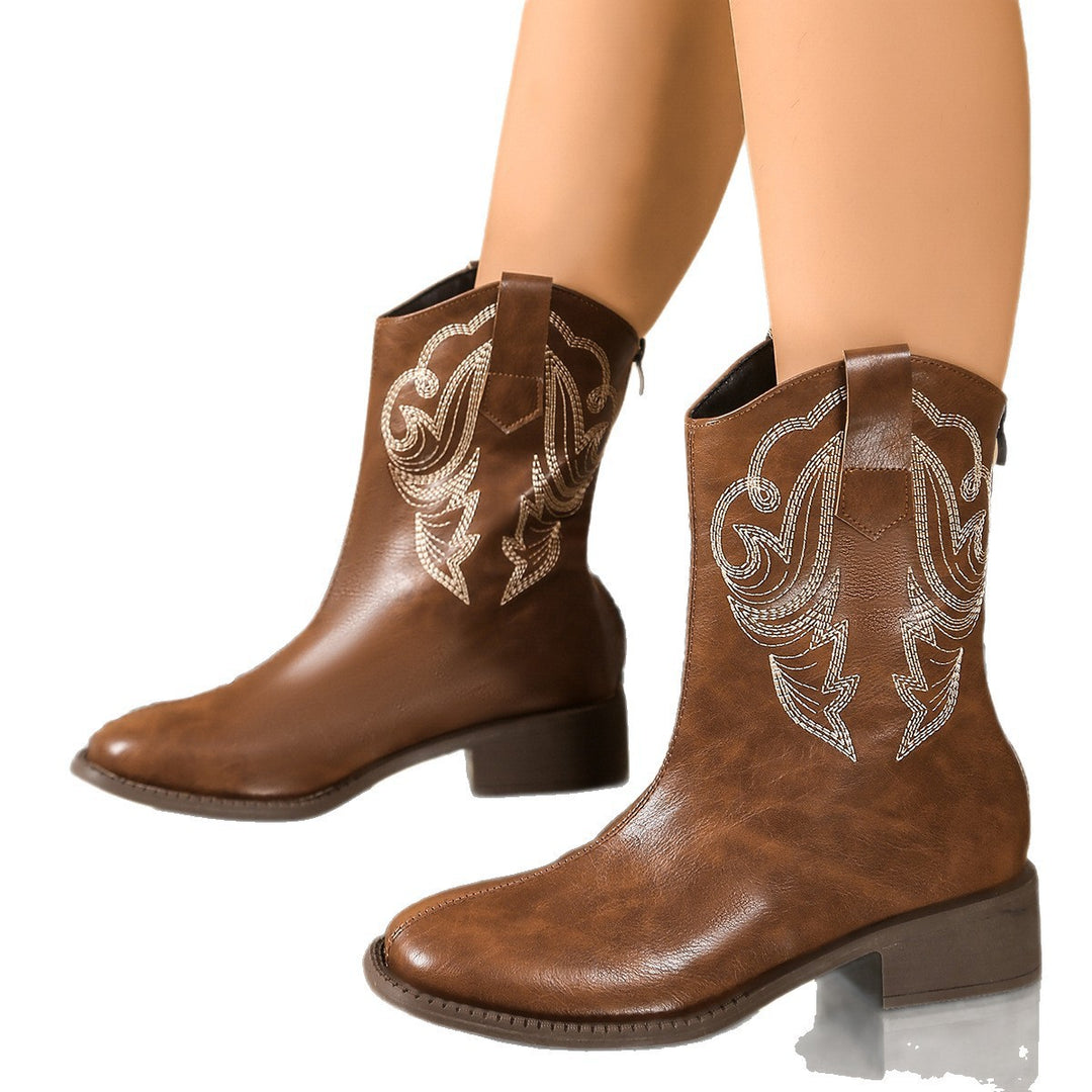 Damen Retro-Cowgirl-Stiefel mit mittelhohem Blockabsatz und dekorativer Stickerei Nord Taschen
