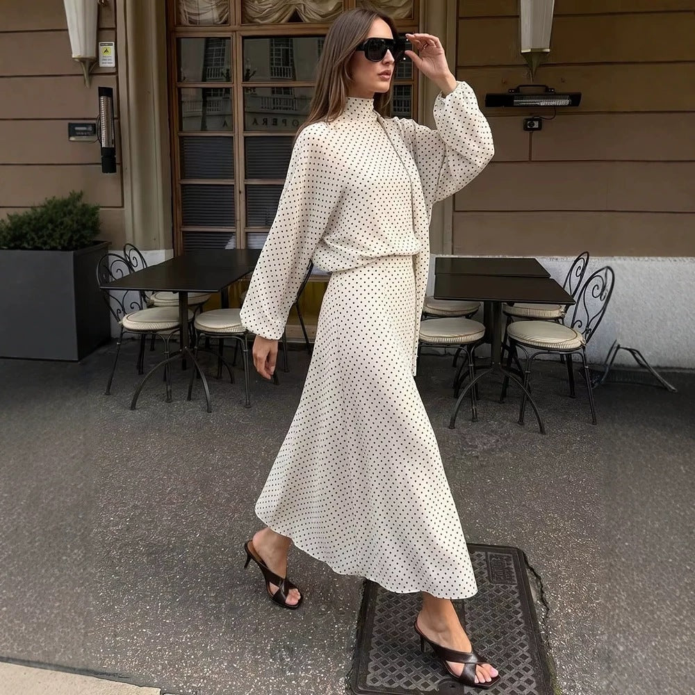 Damen Zweiteiliges Set aus leichtem Chiffon mit weitem Midirock und Ballonärmel-Bluse mit Schleifenkragen Nord Taschen