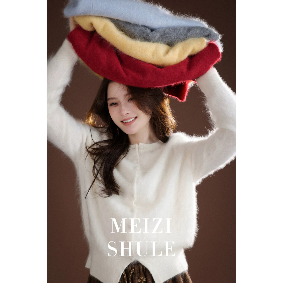 Damen Kuschelige Mohair-Strickjacke mit Rundhalsausschnitt und verdeckter Knopfleiste Nord Taschen