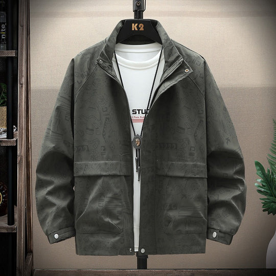 Herren leichte Overshirt-Utility-Jacke mit Allover-Print, Stehkragen & verdecktem Reißverschluss Nord Taschen