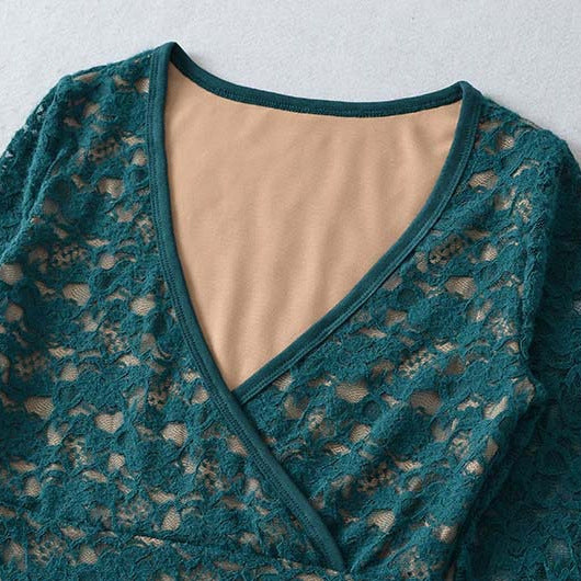 Damen Figurbetontes Spitzentop mit Wickel‑V‑Ausschnitt und langen Ärmeln Nord Taschen