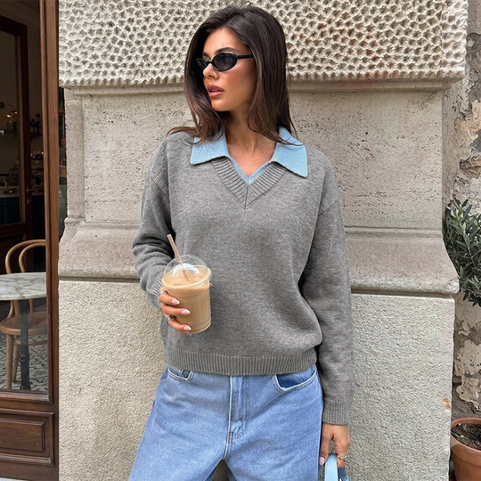 Damen Eleganter V-Ausschnitt Pullover mit Hemdkragen Nord Taschen