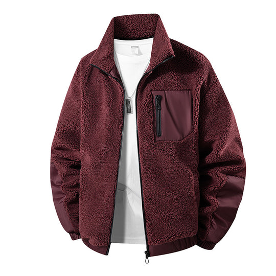 Herren Oversize Teddy-Fleecejacke mit Kontrast-Nylonbesätzen und Stehkragen Nord Taschen