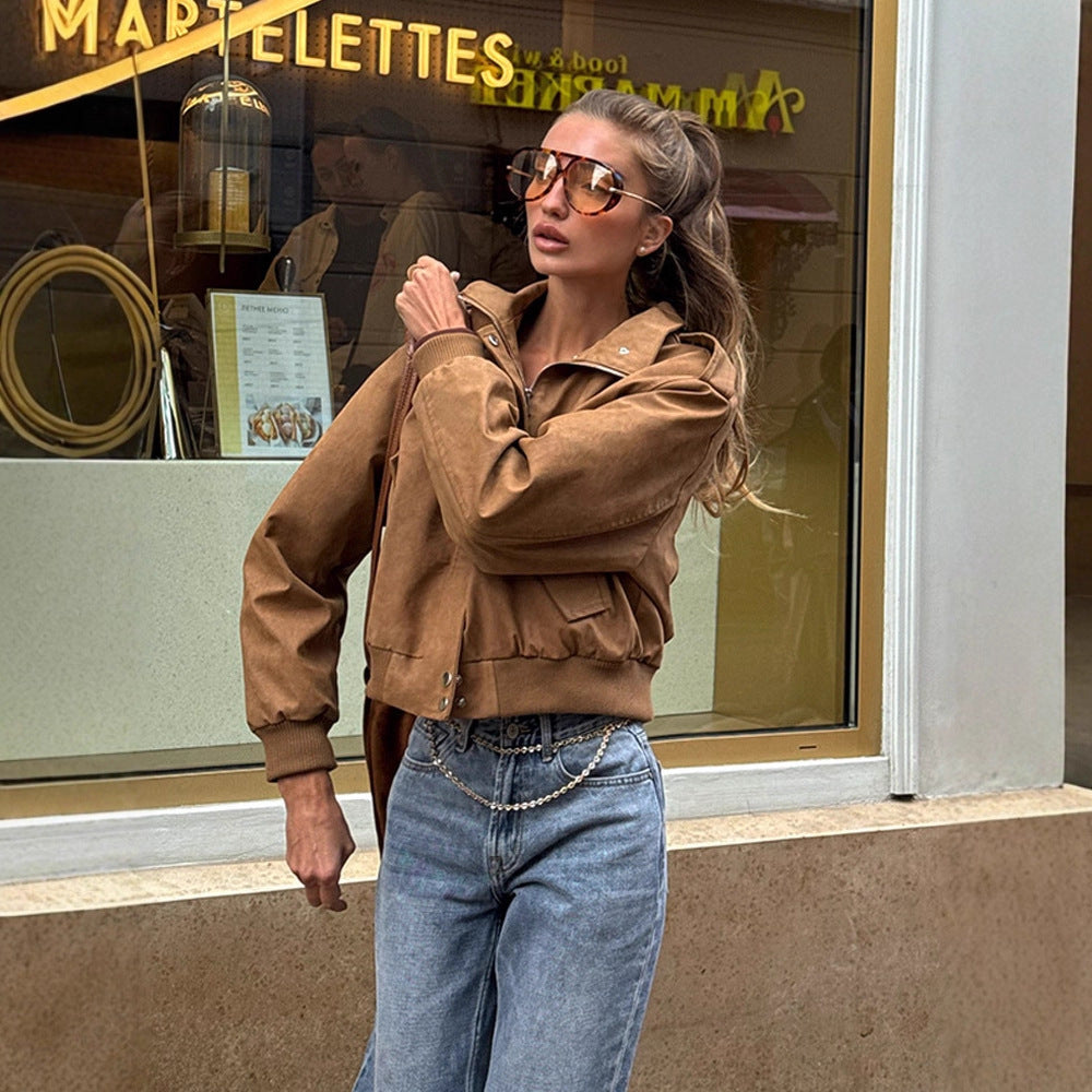 Damen Kurz geschnittene Bomberjacke aus Velourslederoptik mit Rippbündchen Nord Taschen