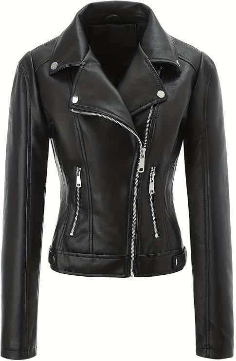 Damen Kurz geschnittene taillierte Bikerjacke aus Nappaleder mit asymmetrischem Reißverschluss Nord Taschen