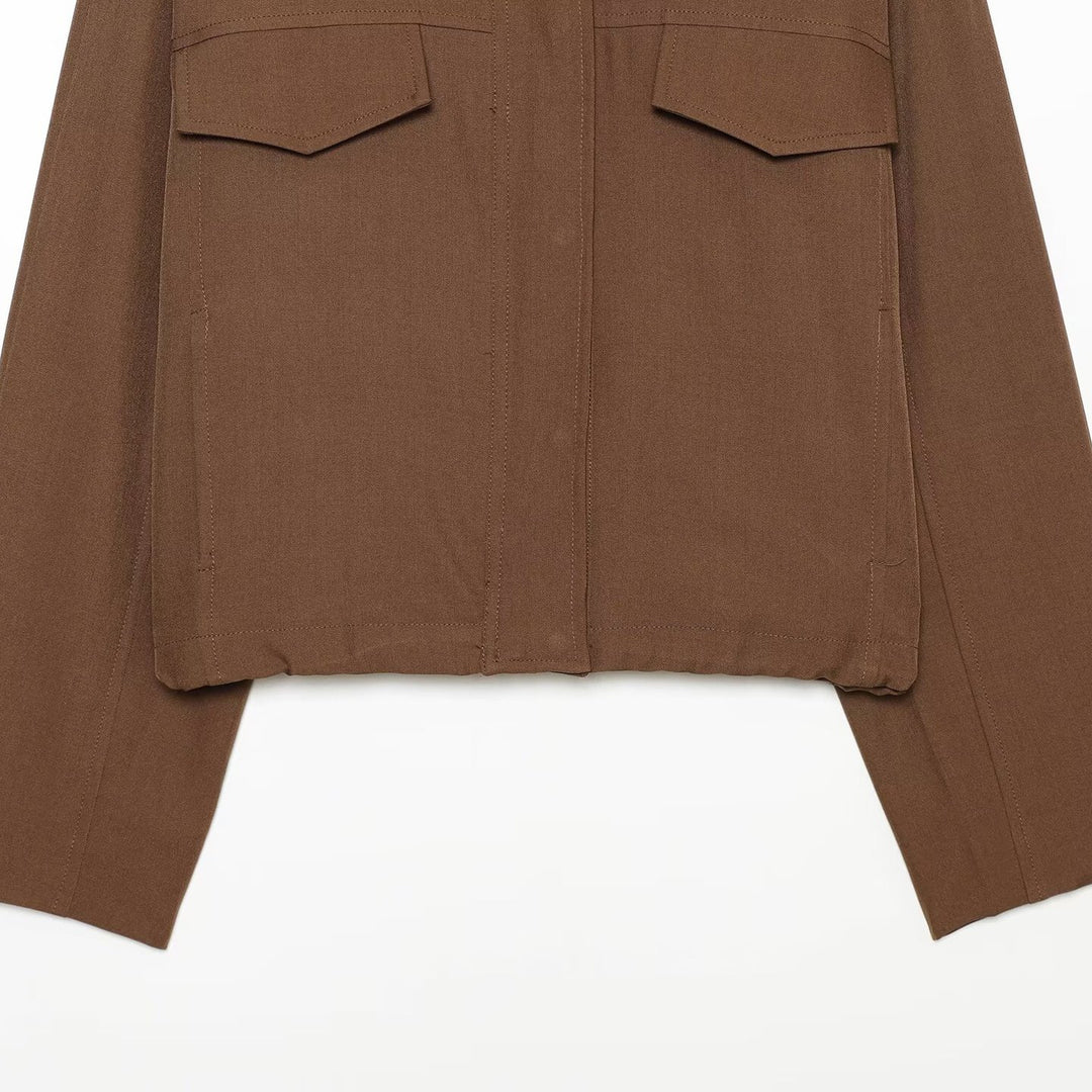 Damen Boxy Cropped Utility-Jacke mit hohem Stehkragen und Pattentaschen Nord Taschen