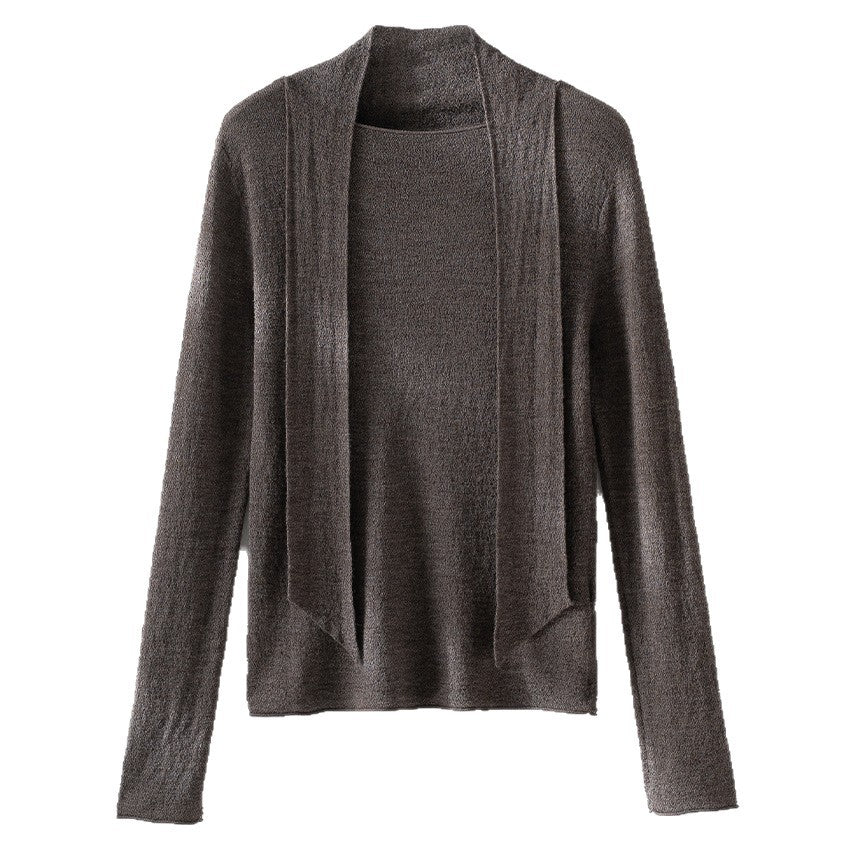 Damen Feiner Feinstrickpullover mit Schalkragen und asymmetrischem Schlaufendetail Nord Taschen