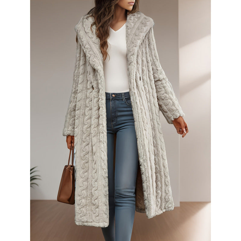 Damen Langer Kapuzen-Teddy-Mantel mit Zopfstrick-Optik Nord Taschen