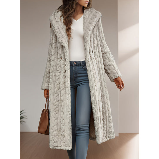 Damen Langer Kapuzen-Teddy-Mantel mit Zopfstrick-Optik Nord Taschen
