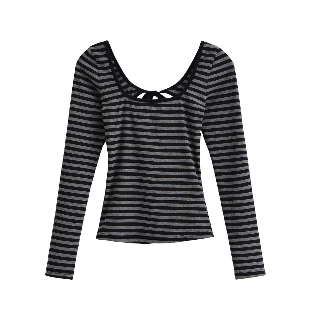 Damen Gestreiftes Langarmshirt mit tiefem Rundhalsausschnitt und Zierschleife Nord Taschen
