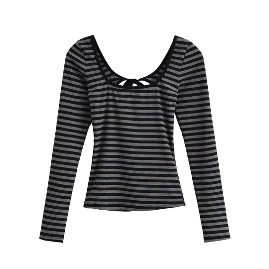 Damen Gestreiftes Langarmshirt mit tiefem Rundhalsausschnitt und Zierschleife Nord Taschen