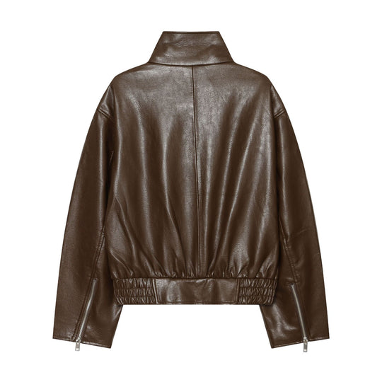 Damen Kurz geschnittene Lederoptik‑Blousonjacke mit Funnelkragen, asymmetrischem Reißverschluss und smocked Bund Nord Taschen