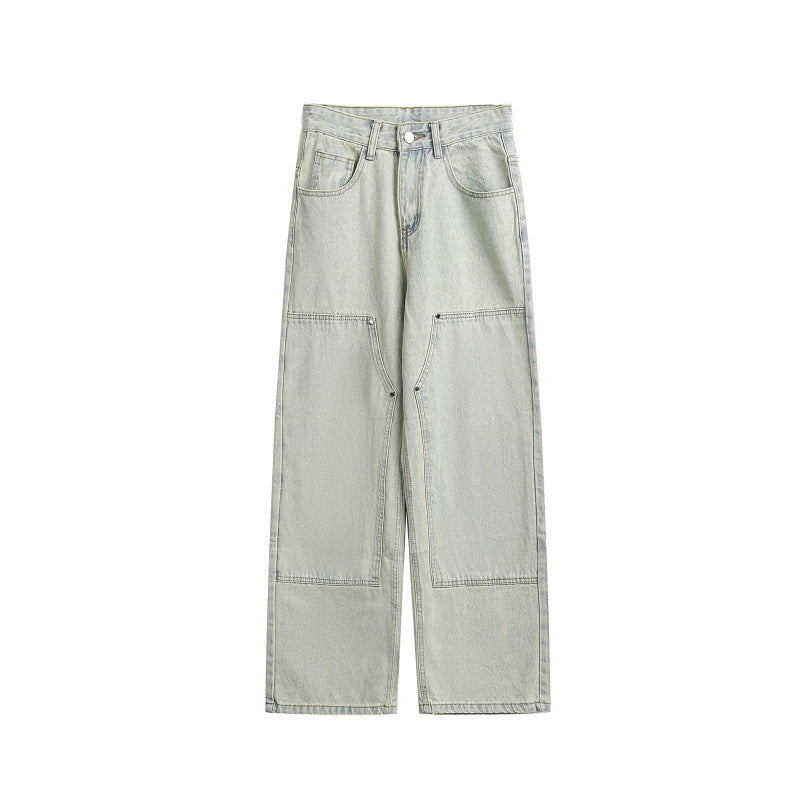 Damen Weite Utility-Denimhose mit Knie‑Patch, hohem Bund und geradem Bein Nord Taschen