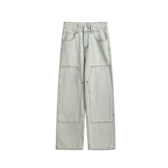 Damen Weite Utility-Denimhose mit Knie‑Patch, hohem Bund und geradem Bein Nord Taschen