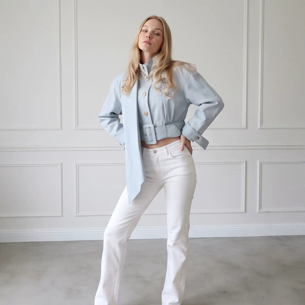 Damen Taillierte Cropped-Jacke mit überlanger Schluppe & breitem Taillengürtel Nord Taschen
