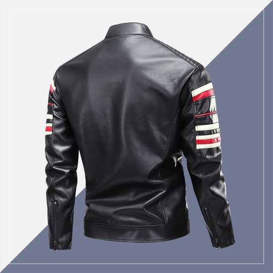 Herren Racing-Lederimitat-Bikerjacke mit Stehkragen, gesteppter Schulterpartie & Kontrast-Colourblocking Nord Taschen