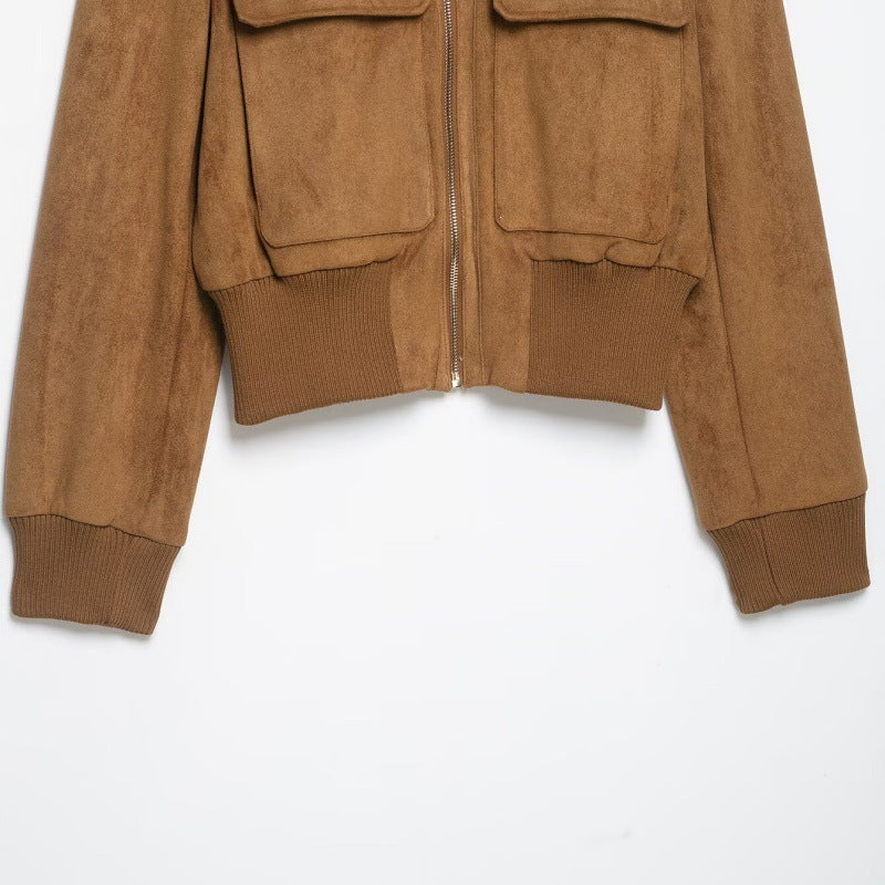 Damen Kurze Wildlederoptik-Bomberjacke mit Stehkragen, Klappentaschen und Rippbündchen Nord Taschen