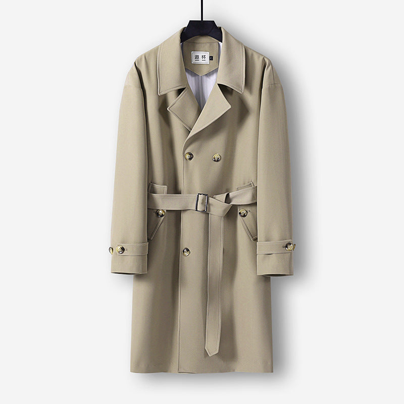 Herren Moderner knielanger Doppelreihiger Trenchcoat mit Taillengürtel Nord Taschen