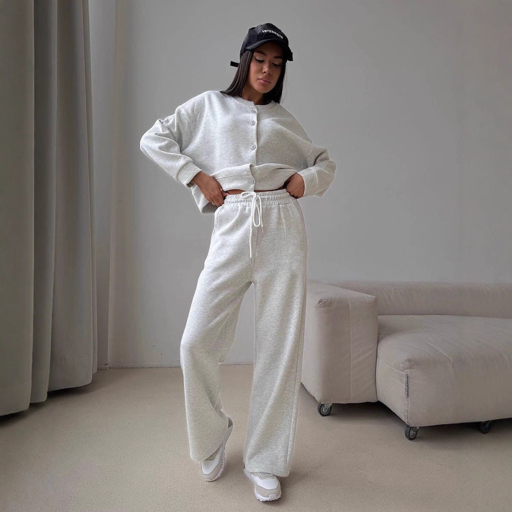 Damen geknöpftes Cropped-Lounge-Set mit Oversize-Cardigan und hochtaillierter Wide-Leg Jogginghose Nord Taschen