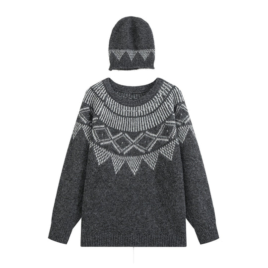 Damen Oversize Norweger‑Strickpullover mit Rundhalsausschnitt und passender Strickmütze Nord Taschen