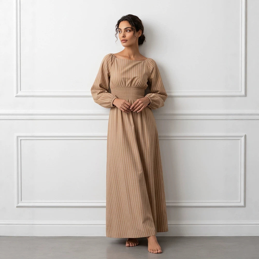 Damen Maxikleid mit Smok-Taillenband, Quadrat-Ausschnitt und langen Ballonärmeln Nord Taschen
