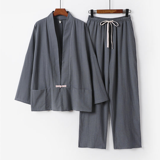 Herren Zen-inspiriertes Kimono-Loungewear-Set aus leichter Baumwollmischung mit offenem Schnitt und Kordelbundhose Nord Taschen