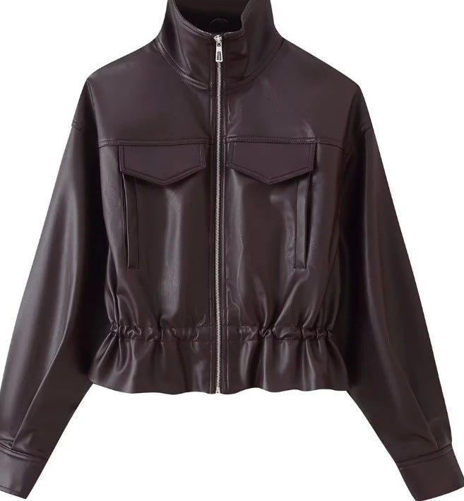 Damen Kurz geschnittener Kunstleder-Blouson mit hohem Stehkragen, Brustpatten und Tunnelzug Nord Taschen