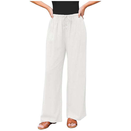 Damen Leinenoptik-Hose mit weitem Bein, Gummizug-Taille, Tunnelzug und Knopfdetail Nord Taschen