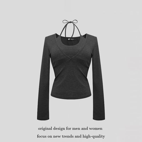 Damen Langarm-Top mit Neckholder, Wickeloptik und figurbetontem Schnitt Nord Taschen