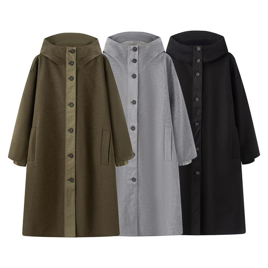 Damen Weicher Oversize Wollmix‑Mantel mit Kapuze und durchgehender Knopfleiste Nord Taschen