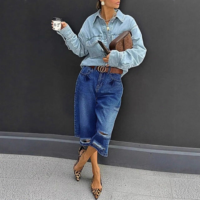 Damen Hochtaillierte Denim-Culotte mit Destroyed-Einsätzen und rohem Saum Nord Taschen