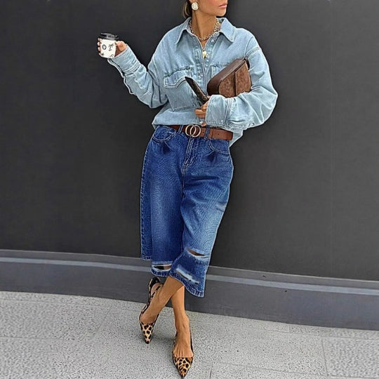 Damen Hochtaillierte Denim-Culotte mit Destroyed-Einsätzen und rohem Saum Nord Taschen