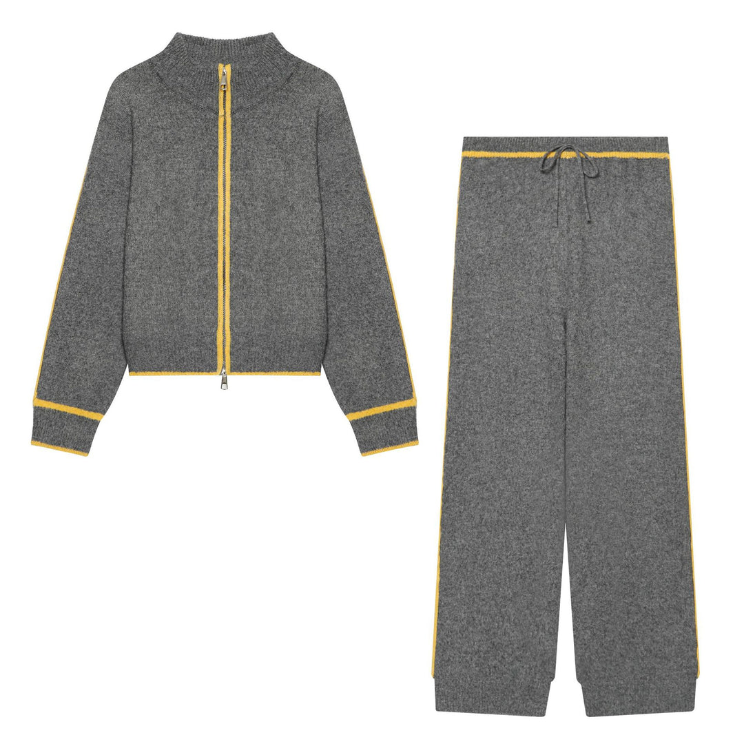 Damen Kuschel-Strickset mit Reißverschluss-Cardigan, Stehkragen und weiter Strickhose Nord Taschen
