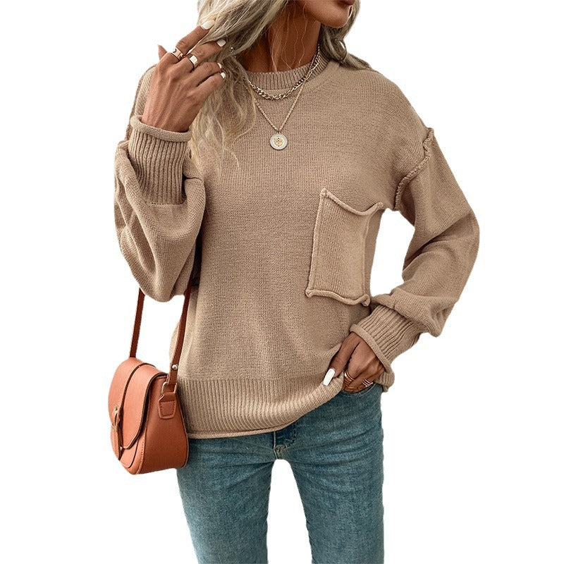 Damen Lässiger Strickpullover mit aufgesetzter Tasche Nord Taschen