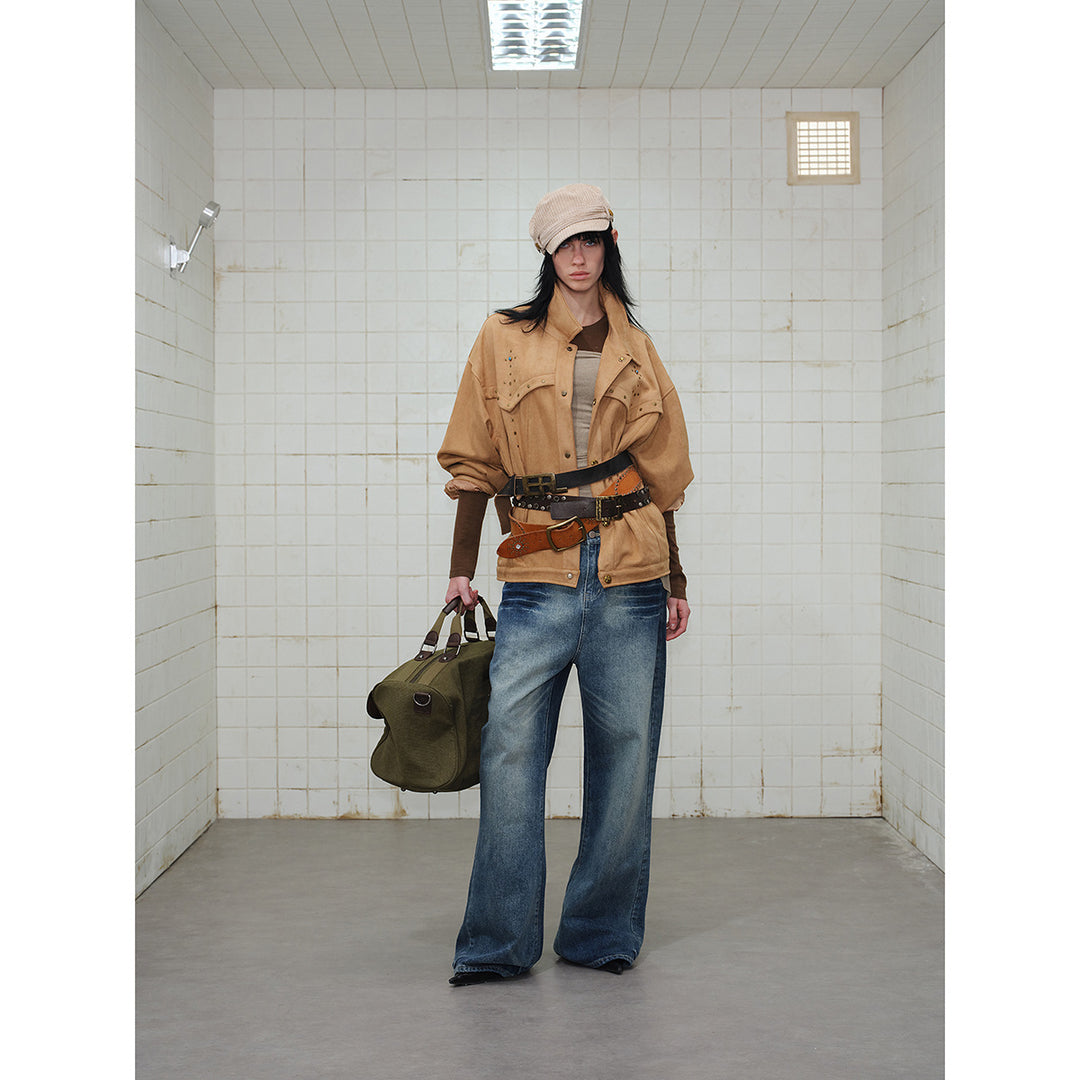 Damen Kurz geschnittene Wildleder‑Optik Blousonjacke mit Western‑Yoke und Nietenapplikation Nord Taschen