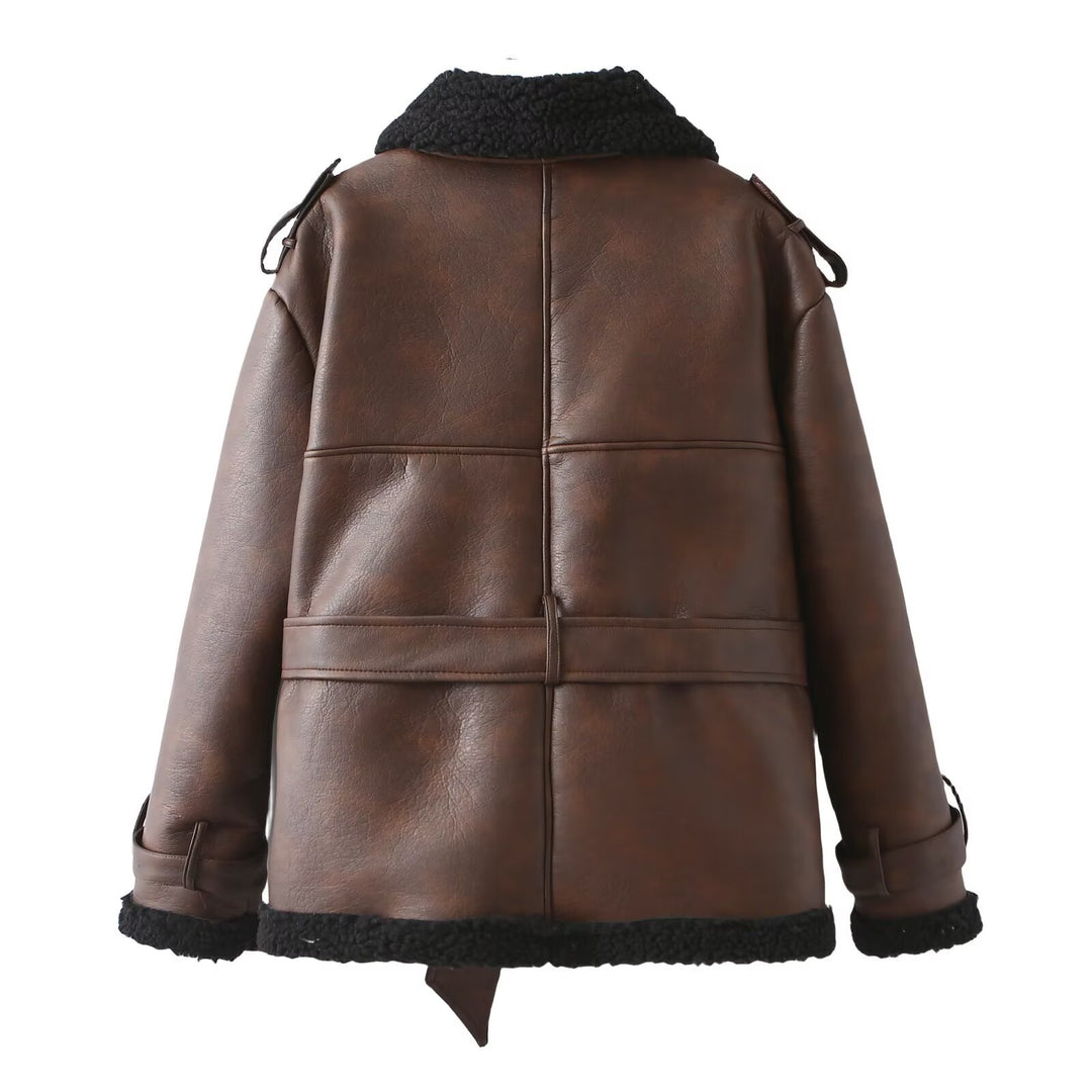 Damen Taillierter Aviator-Mantel aus Kunstleder mit Teddyfutter und Bindegürtel Nord Taschen