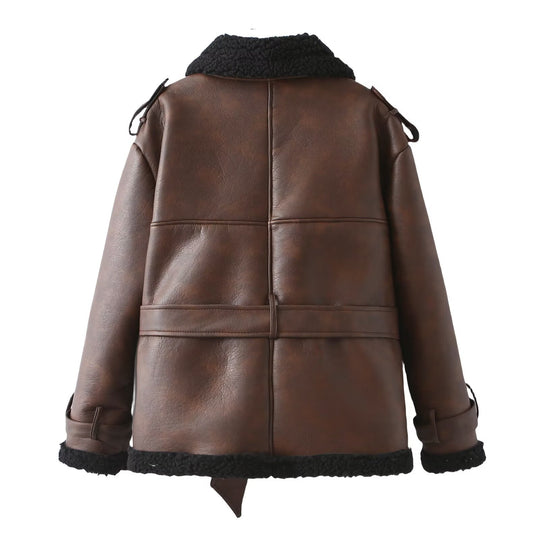 Damen Taillierter Aviator-Mantel aus Kunstleder mit Teddyfutter und Bindegürtel Nord Taschen