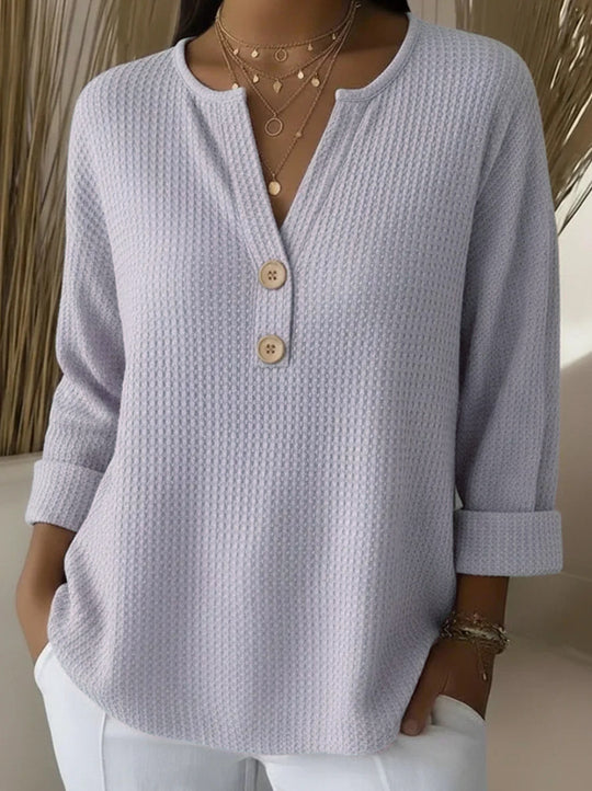 Damen Waffelstrick-Henleyshirt mit Holzknöpfen und krempelbaren Ärmeln Nord Taschen