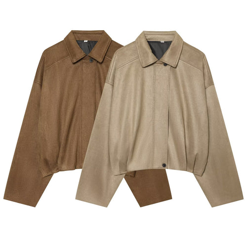 Damen Kurzgeschnittene Oversize Cape-Jacke mit Hemdkragen und verdeckter Knopfleiste Nord Taschen