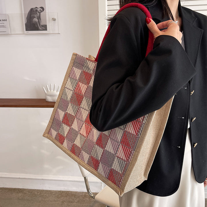 Damen Jute-Tragetasche mit modernem Karo-Design und stabilen Griffen Nord Taschen