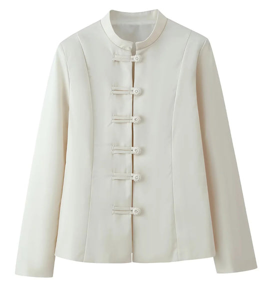 Damen 100+ elegante taillierte Blusenjacke mit Mandarinkragen und dekorativen Knotenverschlüssen Nord Taschen